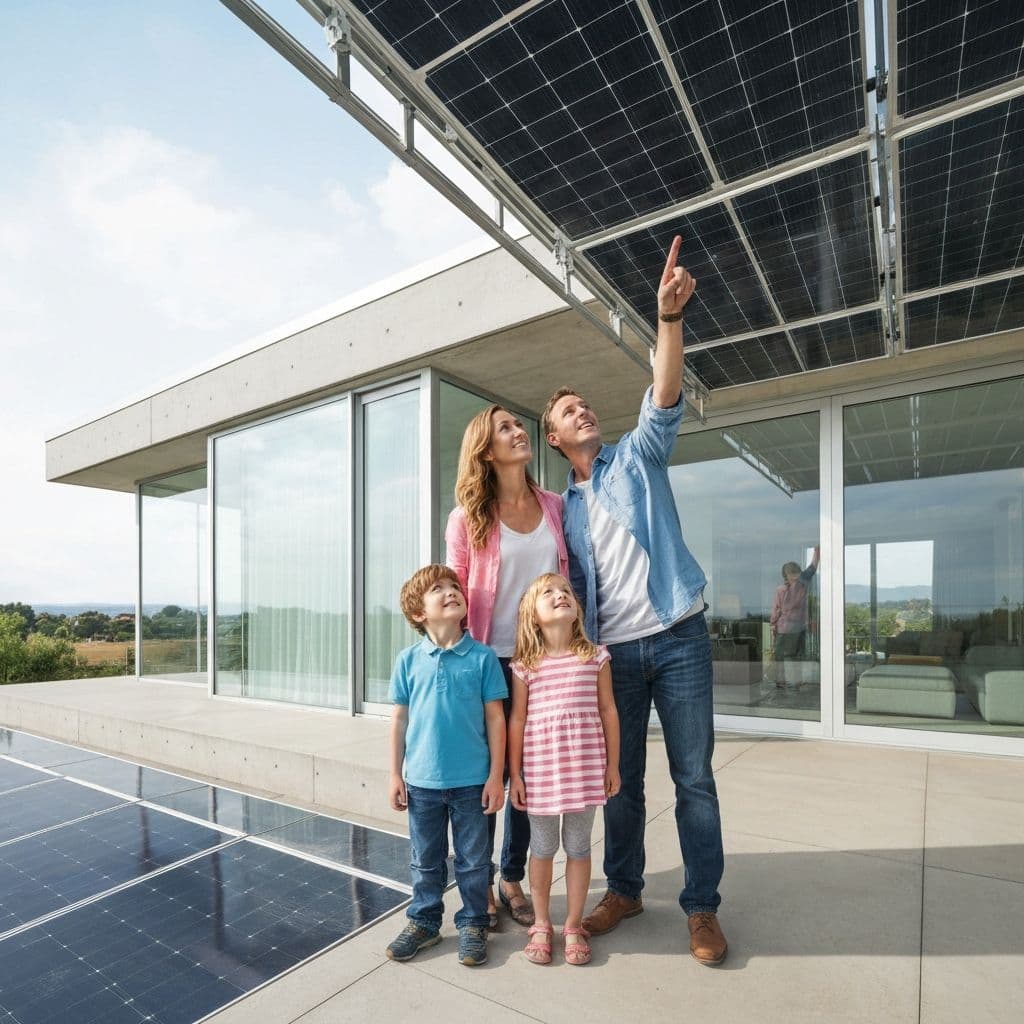 Famille regardant des panneaux solaires